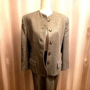 Vtg 80s Evan Picone Gray Career Collarless Suit Coat And Pleated Skirt Pockets